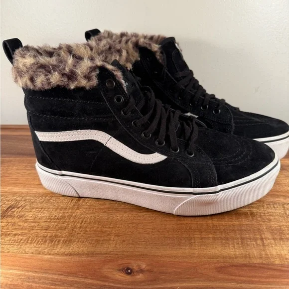 Vans SK8-Hi Platform Black Suede Leopard Fur Sneaker Size 8.5 - Picture 2 of 11